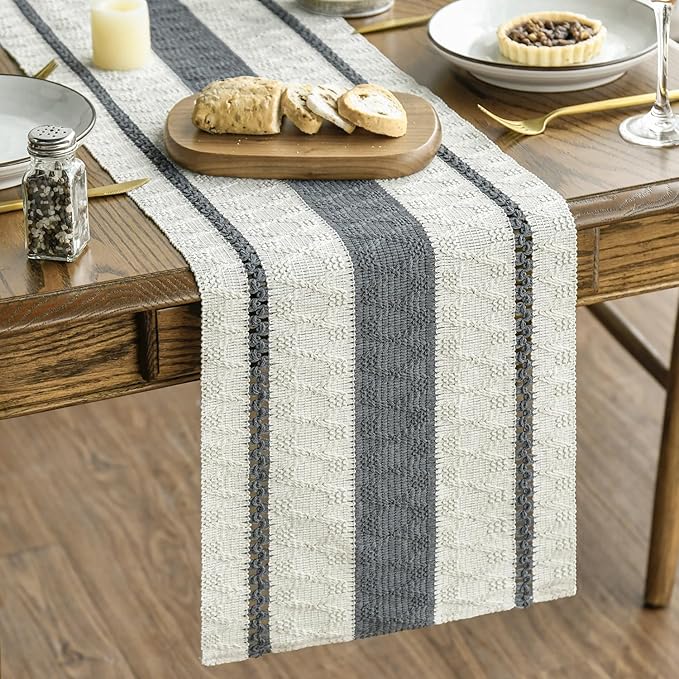 Artoid Mode Dark Grey Farmhouse Woven Rustic Table Runner, Seasonal Holiday Hollow Kitchen Dining Table Decoration for Home Party Decor 12x72 Inch
