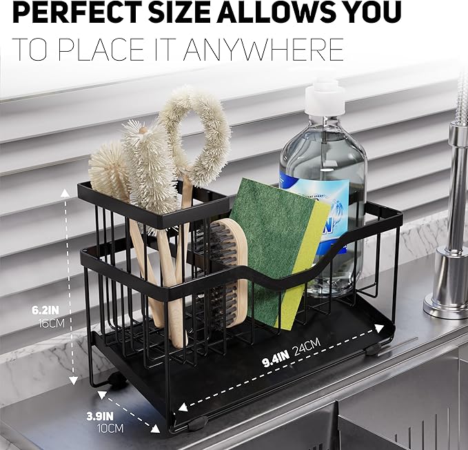 Small Kitchen Sink Caddy Organizer and sponge holder with Suction Cups for Sponge, Brush, Soap Dispenser. Stainless Steel, Minimalist Black, for Sink or Countertop
