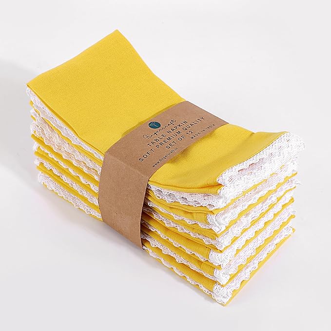 Fingercraft Dinner Cloth Napkin Cotton Linen Set of 12 Mitered Corners with Natural Elegant Lace for Everyday Use Napkins are Pre Shrunk and Good Absorbency with Lace 20x20 in Lemon Easter Color
