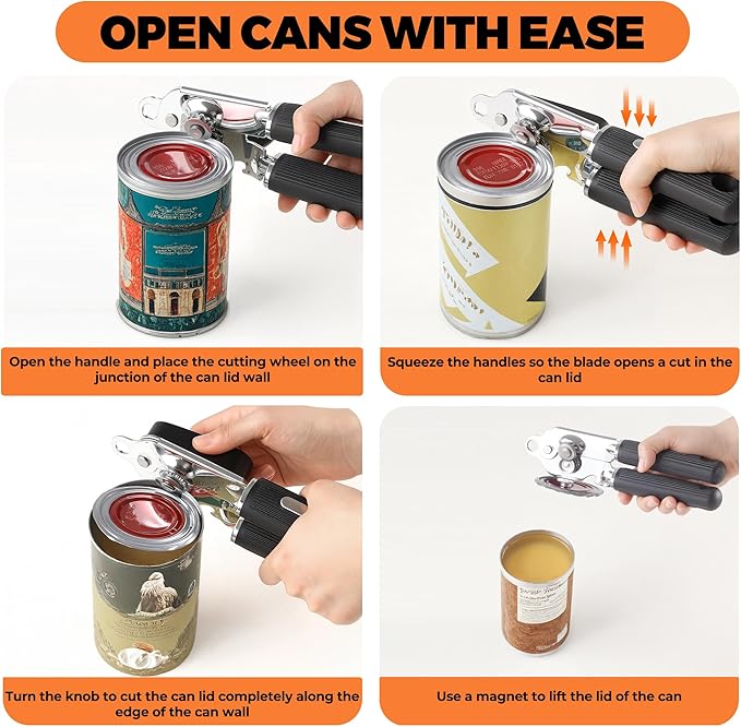 Can Opener Manual with Magnet,Soft Grip Rubber Handle Sharp Blade Smooth Edge,Effortless knob,Heavy Duty Can Opener with Multifunctional Bottle Opener