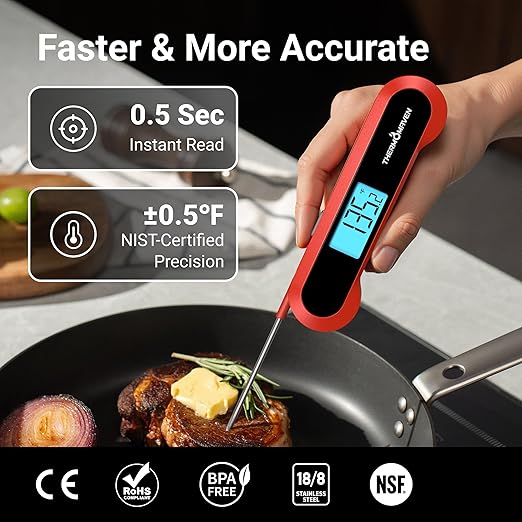 Professional 0.5 Sec Instant Read Meat Thermometer Digital, NIST Certified ±0.5℉ Accuracy, Auto Rotate Large LCD Display, Highly Waterproof Cooking Thermometer for Baking Grill BBQ Smoker Oven, Red