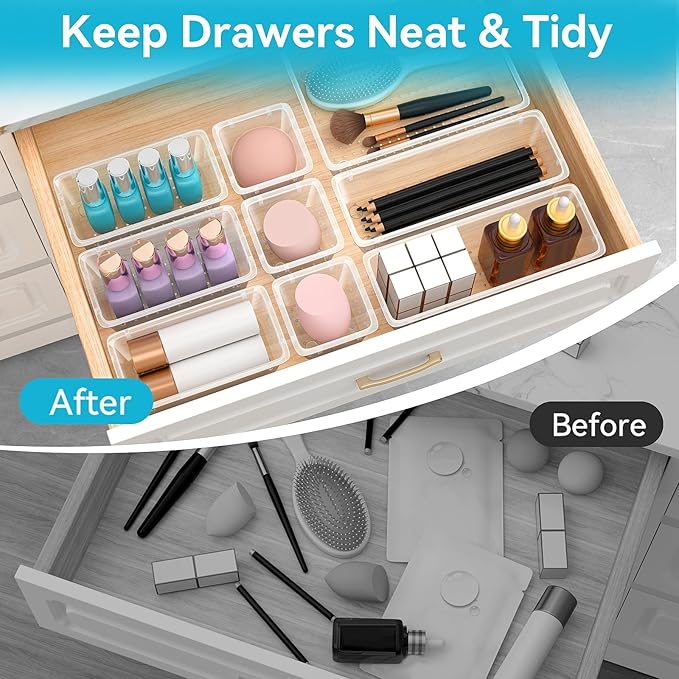 ElegantArray 12 PCS Drawer Organizer Set, 4 Sizes Tool Storage Trays, Clear Plastic Makeup Vanity Organizer and Storage Bins for Makeup, Stationeries, Multiple Gadgets for Bathroom, Office, Bedroom