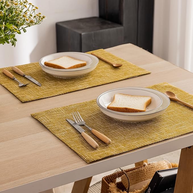Kevin Textile Burlap Linen Placemats Set of 6 Heat Resistant Dining Table Place Mats Washable Kitchen Table Mats for Dinning Party Holiday Indoor Outdoor, 13 x19 inches, Honey Yellow