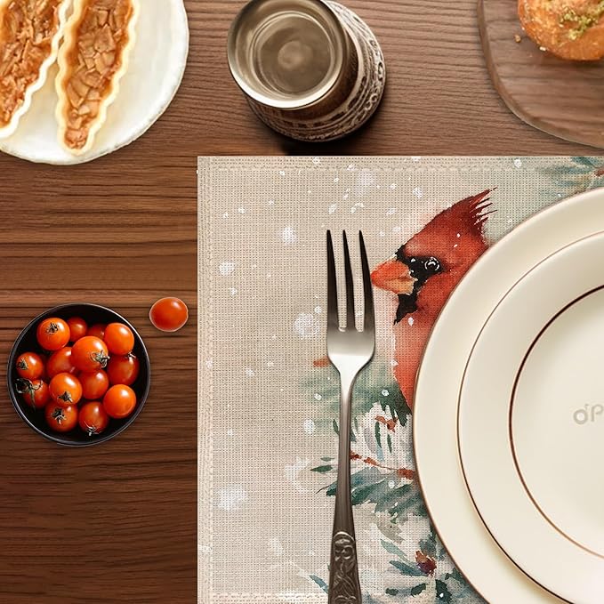 Christmas Cardinal Placemats Set of 6, Bird Place Mats Washable Heat Resistant 12×18 Inch Linen Table Mats for Christmas Dining Décor
