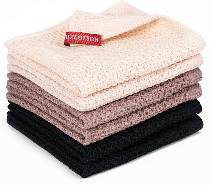 BOOMIBOO 6-Pack Kitchen Dish Cloths, 100% Cotton Waffle Weave, Ultra Soft Absorbent, Quick Drying Dish Towels, 12x12 Inches,Multi Color