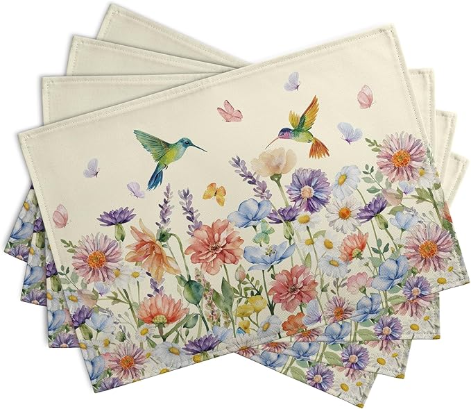 Flowers Bird Spring Summer Placemats Set of 4 Watercolor Floral Hummingbird Butterfly Place Mats 12x18 Inch Wildflowers Grass Seasonal Farmhouse Linen Table Mat for Kitchen Dining Decor