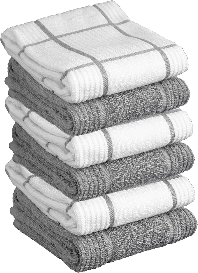 T-Fal Solid & Checked Parquet Kitchen Towels: Highly Absorbent, Super Soft Long Lasting - 100% Cotton, 16"x26" Dish Towels for Cleaning & Drying Dishes, Pans, Glassware, Countertops, 6-Pack, Gray