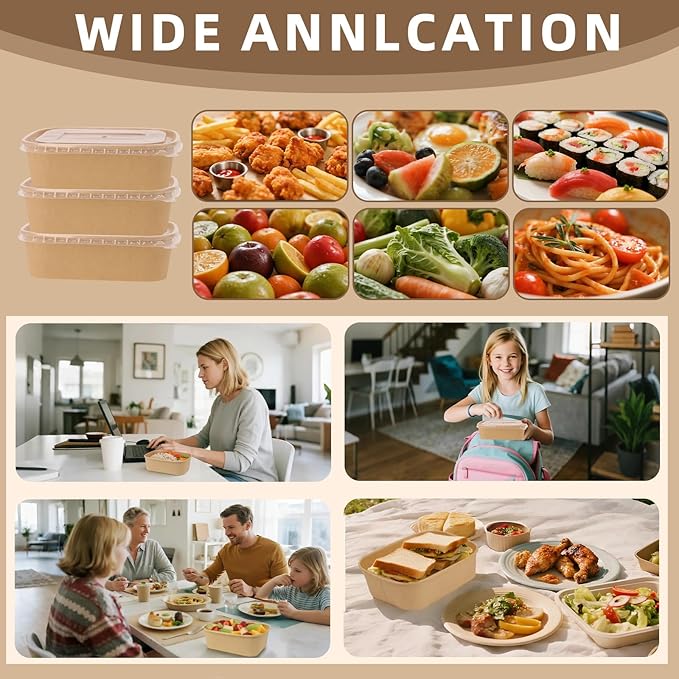 50 Pack 25 oz Paper Food Containers with Lids, Meal Prep Containers Disposable Large Paper Bowls, Microwavable and Freezer Storage Use Cardboard Food Containers
