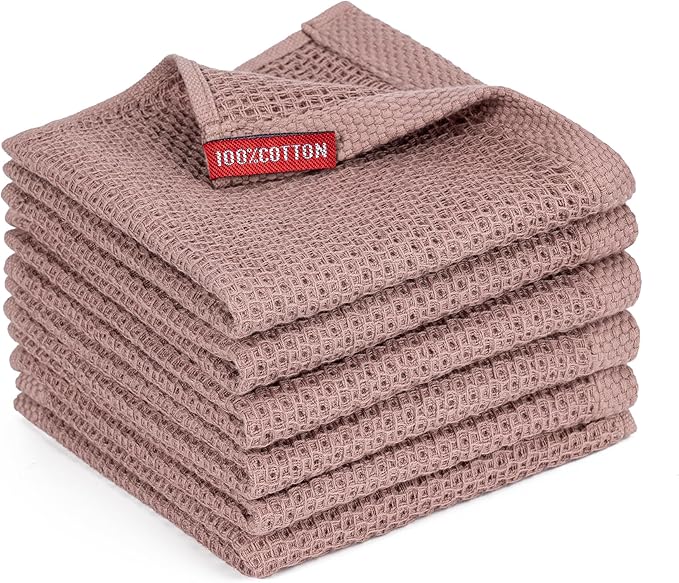 BOOMIBOO 6-Pack Kitchen Dish Cloths, 100% Cotton Waffle Weave, Ultra Soft Absorbent, Quick Drying Dish Towels, 12x12 Inches, Brown ﻿