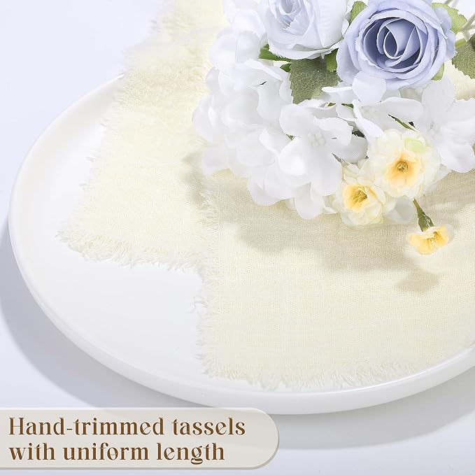 TURSTIN 24 Pieces Cotton Linen Cloth Napkin Handmade Cloth Napkin with Fringe 17 x 17 Inch Soft Cloth Dinner Wedding Napkin Square Rustic Fringe Table Napkin for Dinners, Parties, Weddings, Ivory