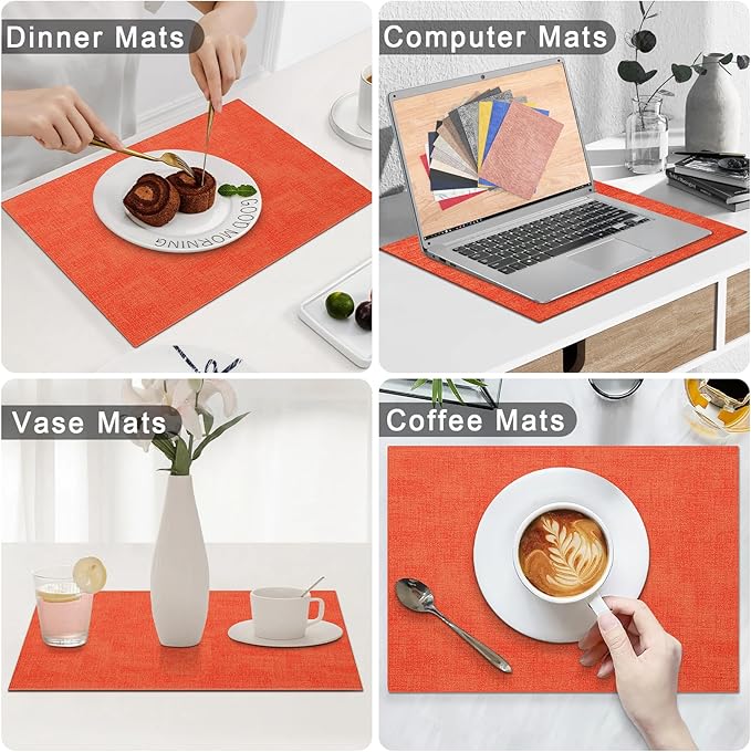 Homaxy Faux Leather Heat Resistant Placemats for Dining Table Set of 8, Waterproof Wipeable Washable PU Table Mats, Easy to Clean Anti-Slip Place Mats, 11.8" x 17", Orange