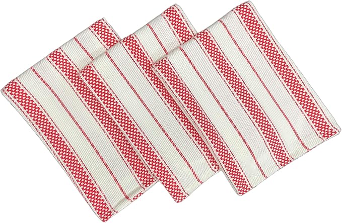 Kitchen Towels Set – Pack of 3 (20’’ x 30’’) Extra Large Premium Cotton Dish Towels for Kitchen – Chain Stripe Towels – Absorbent – 100% Cotton – with Hanging Loop – Red