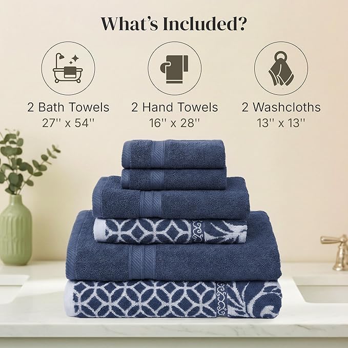 Modern Threads Botanical Vine 6-Piece 100% Cotton Towel Set – Reversible Yarn Dyed Jacquard – Includes 2 Bath Towels, 2 Hand Towels, 2 Washcloths – Absorbent, Quick Dry, Soft & Durable – Navy