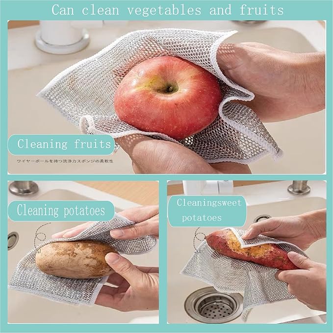 Double layer metal wire scratch free cloth, dry and wet dual-purpose metal wire dishwashing cloth, suitable for kitchen cleaning, cookware, tableware, sink, stove, etc., easy to rinse (10 pieces)