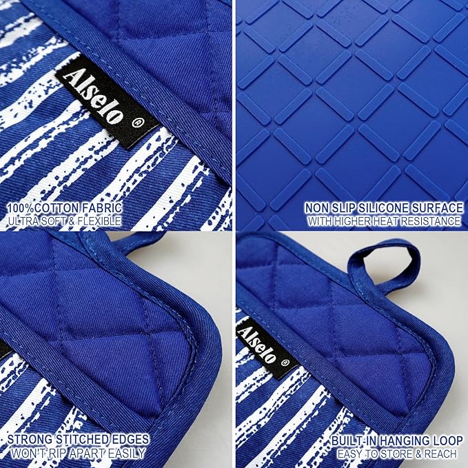 Alselo Silicone Pot Holders Set of 3 Heat Resistant & Non Slip Potholders, Professional Oven Hot Pads with Pockets Mitts for Kitchen Cooking Baking Barbecue (Cobait Blue, 3)