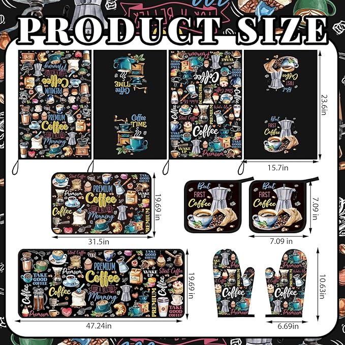 Fourluoo 10 Pcs Coffee Kitchen Decor Set Coffee Kitchen Dish Towels Oven Mitts and Pot Holders Farmhouse Rugs Mats Vintage Black Potholders for Chef Baking Cooking Grilling BBQ Women Accessories Gift