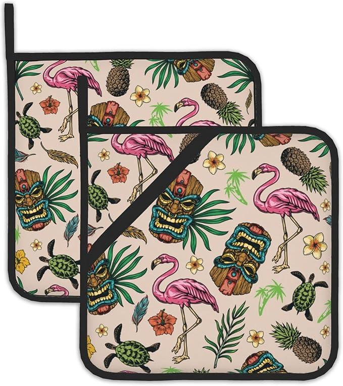 Tropical Hawaiian Colorful Tiki Pot Holders Set of 2 Heat Resistant Potholders,Flamingo Fire Oven Hot Pads for Kitchen Cooking Baking Barbecue