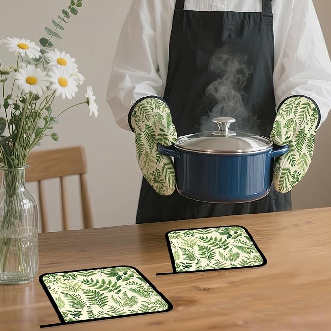 Fern Herbs Oven Mitts and Pot Holders Set,Botanical Floral Leaf Kitchen Decor Heat Resistant Non Slip Hot Pads and Oven Mitt for Chef Cooking Baking BBQ Mom Girl Gifts(4 Piece Set)