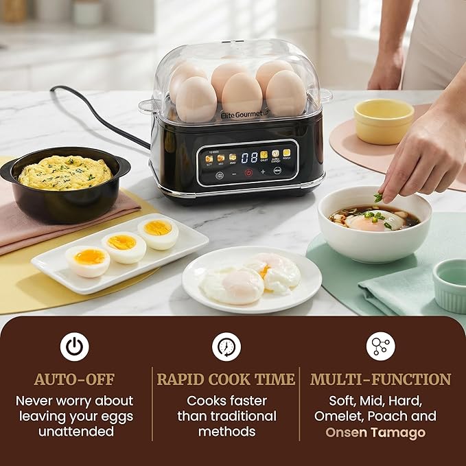 Elite Gourmet Digital Egg Cooker, 6 Egg Capacity, Soft/Medium/Hard Boiled, Onsen Tamago, Poach & Omelet, One-Touch Menu, Audible Alert On/Off, Auto Shut-Off, Black