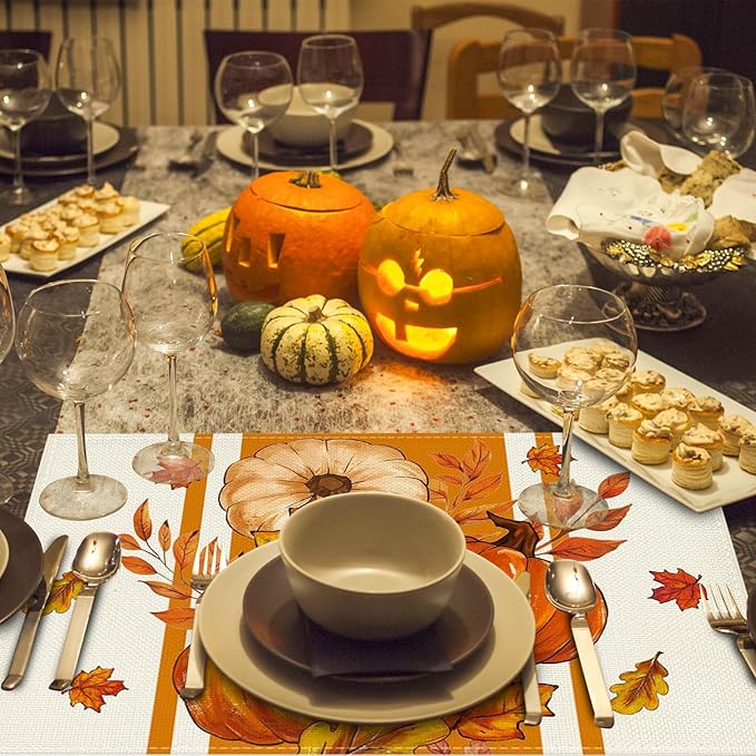 Niviy Pumpkins Thanksgiving Fall Maple Leaves Placemats Set of 4, 12x18 Inch Autumn Thanksgiving Indoor & Outdoor Table Mats for Holiday Party Kitchen Dining Room Decoration