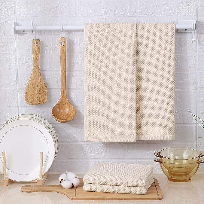 Kitinjoy 100% Cotton Waffle Weave Kitchen Hand Towels (13 x 28 Inches, Beige), 4-Pack Super Soft and Absorbent Dish Towels for Drying Dishes,