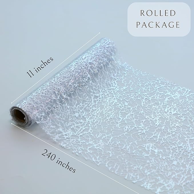 Snowkingdom 20Ft Silver Table Runner, Sparkly Foil Mesh Crackle Metallic Glitter Table Runner, Silver Dining Centerpieces Decorations for Wedding Birthday Christmas Holiday Party Decor 240Inch