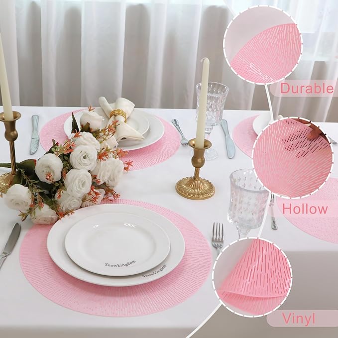 Snowkingdom Pink Easter Placemats Set of 8, Vinyl Hollow 15 Inch Light Pink Spring Round Place mats, Easy Clean Washable Wipeable Dining Table Mats for Mothers Day Wedding Christmas Party Decoration