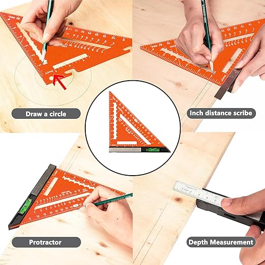 Beslands 7 inch Rafter Square with Level, Aluminum Metal Triangle Ruler Carpenter Square Woodworking Layout Tool Aluminum Triangle Tool Stainless Steel Ruler (Orange)