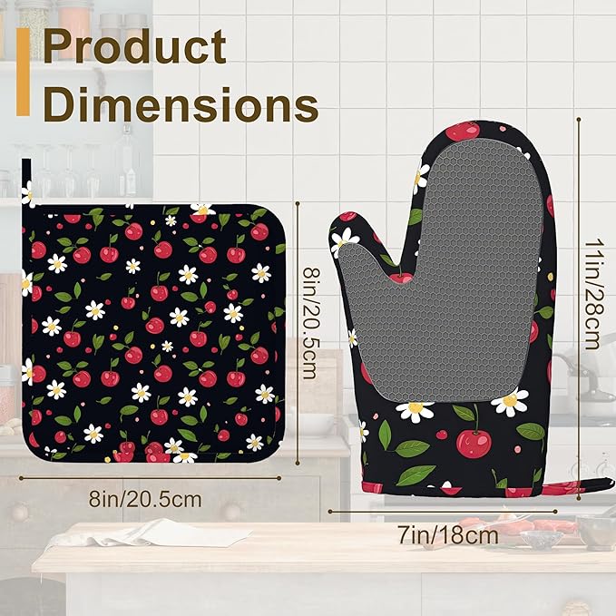 Cherry Oven Mitts and Pot Holders Sets of 4, Heat Resistant Daisy Floral Silicone Oven Mitts Gloves Non-Slip Kitchen Mittens Potholders for Cooking Baking Grilling BBQ