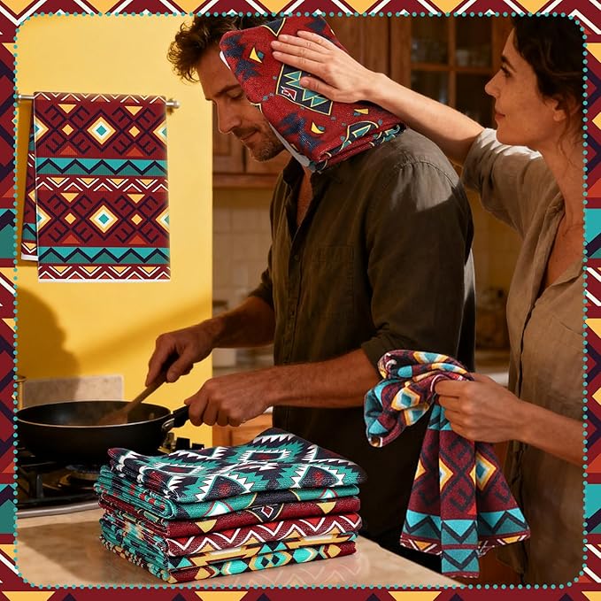 Set of 6 Western Aztec Kitchen Towels American Decorative Rustic Cloth Southwest Vintage Themed Dish Towel Bathroom Tea Towels for Kitchen Bathroom Home Cooking Housewarming Gifts, 14 x 21 Inch