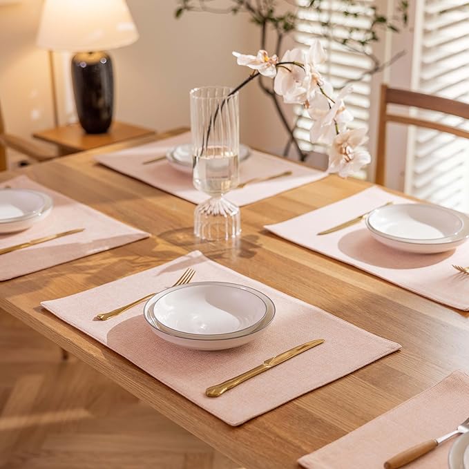 Demetex Pink Placemats Set of 4 Heat Resistant Linen Plate Mats Mothers Day Cloth Place Mats for Dining Tables Restaurants, 13 x 19 inches, Pink