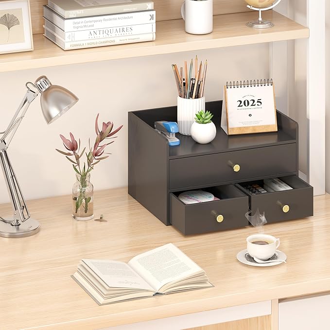 Bamboo Desk Organizer with Drawers Wooden Desktop Storage Drawers for Bills Office Supplies Kitchen Utensils Organizing Tool for Home Classroom Organization No Assembly (Black, 3 Drawers)