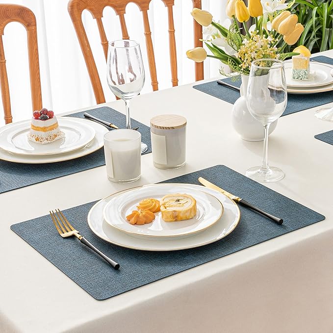 Romanstile Vinyl Placemats Set of 4-12 X 17 Inch - Faux Leather 100% Waterproof Oil-Proof Wipeable Place Mats, Heat Resistant Reversible PU Table Mats for Kitchen Dining Party Outdoor, Navy Blue