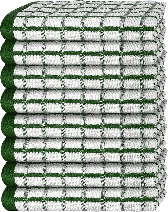White Classic Premium Dish Towels for Kitchen, with Hanging Loop [8 Pack] Heavy Duty Absorbent 100% Cotton 410 GSM Terry Kitchen Towels, 16x26 (Green)