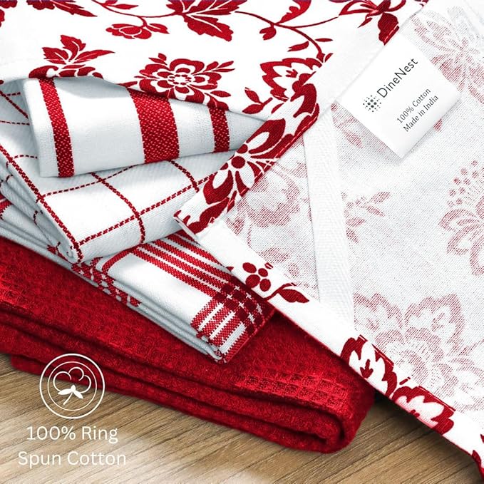 Assorted Kitchen Towels 100% Cotton 16x26 Inch - Super Absorbent, Soft & Quick Drying, Multi-Purpose for Drying & Cleaning, Ideal for Kitchen & Home Use, Set of 5 Low-Lint Dish Towels Red
