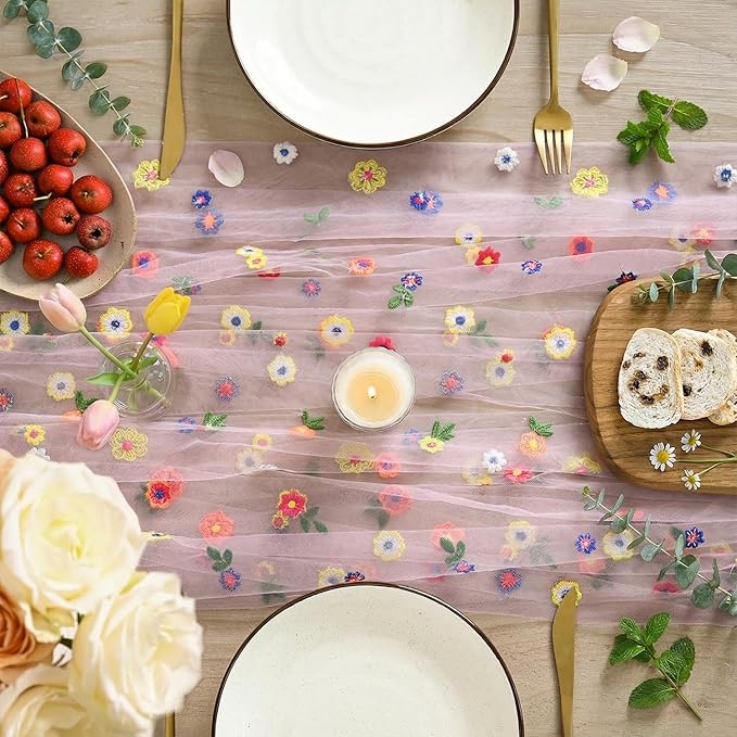 Artoid Mode Light Pink Wildflower Floral Gauze Embroidery Table Runner 120 Inch 10FT, Tulle Seasonal Spring Kitchen Dining Table Decor for Home Party