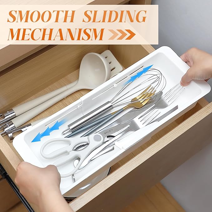1 Pack Deep Drawer Organizer Bins, Sliding Drawer Organizer Bin Expandable and Adjustable Tray for Kitchen Utensils, Towels, BBQ Tools, Durable Plastic Sliding for Easy Storage (12.4-17.7")