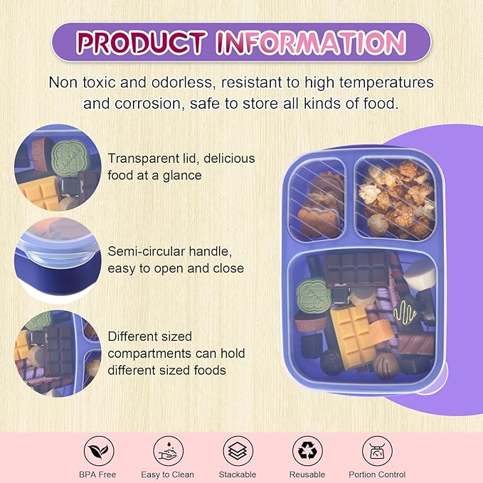 Honeydak 5 Pack Snack Containers 3 Compartment Bento Snack Boxes Divided Meal Prep Containers with Lids Reusable Adults Lunch Food Storage Box for School Work Travel(Blue White Purple)