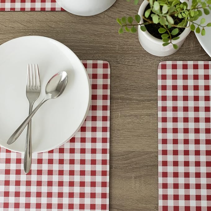Benson Mills Cork Placemats Set of 4, Thick Cork Place Mats for Kitchen and Dining Tables, Easy Clean Table Mats (12" x 16" Rectangular Set of 4, Gingham Check Red)