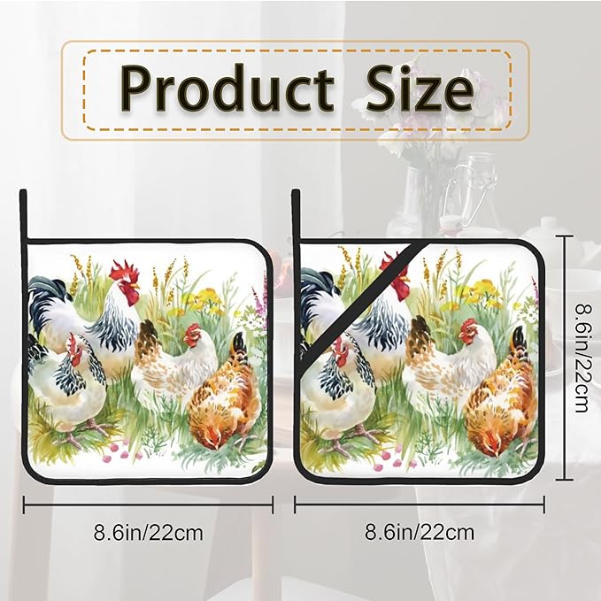 Chicken Rooster Farm Pot Holder Set of 2,Heat Resistant Potholders Oven Hot Pads for Kitchen Cooking Baking BBQ