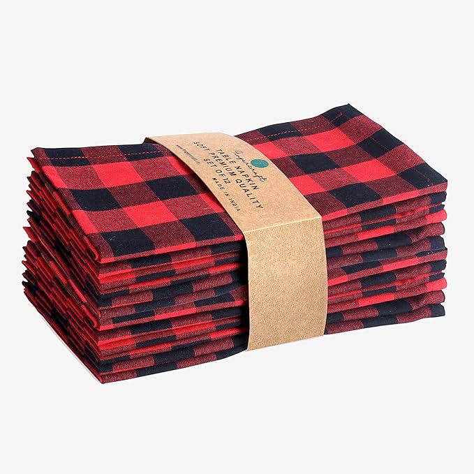 FINGERCRAFT Cloth Napkins, Everyday Use, Premium Quality, Cotton Buffalo Plaid, Set of 12, 20X20 Inch Oversized Napkins Cloth Mitered Corners, Soft, Durable Hotel Quality Red Black Checkered