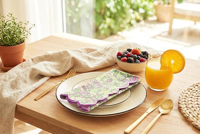 PurpleEssences Scalloped Embroidery Kalamkari Cloth Napkins - Spring Easter Summer - Table Decor - 100% Cotton - Set of 4-18x18 inch - Sage Green Edges - Blush Pink