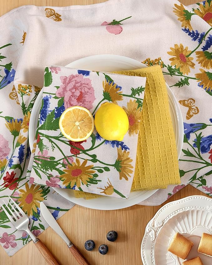 Miss Adola 3pcs Cotton Kitchen Towels - 270 GSM 15x25 Inch Terry Cloths Reusable Dish Cloths for Cleaning Absorbent Soft Hand Tea Towels with Hanging Loop for Housewarming Home Decor, Retro Flower