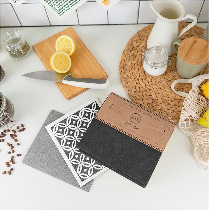 SUPERSCANDI 6 Pack Swedish Dishcloths for Kitchen - 100% Biodegradable & Compostable Reusable Paper Towels Washable, Food-Safe & Without Plastic - Dish Rags Suitable for Any Surface, Black