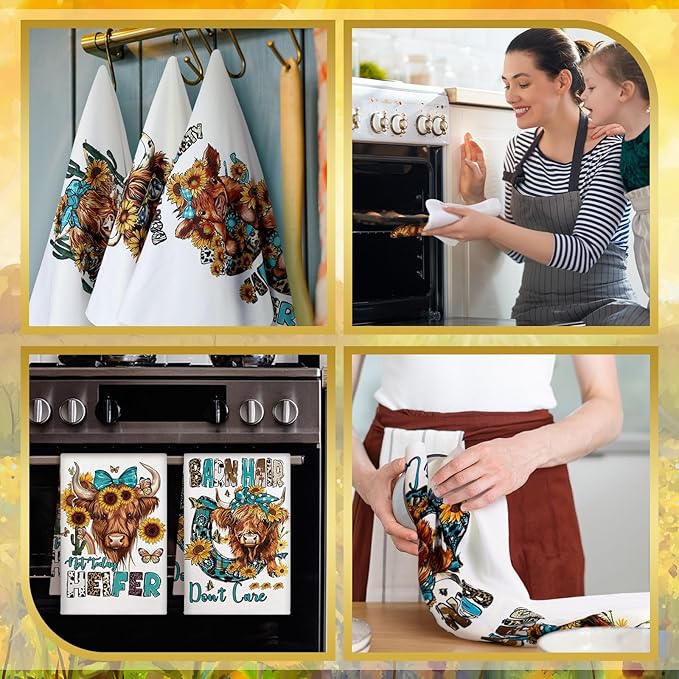 TecUnite 6 Pcs Highland Cow Kitchen Towels Set Funny Highland Cattle Tea Towels Absorbent Sunflower Dish Towels Western Farm Cattle Hand Towel for Cleaning Drying Women Mom Housewarming Gifts Decor