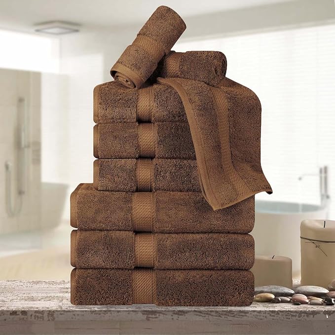 Superior Egyptian Cotton Pile 9 Piece Towel Set, Includes 3 Bath, 3 Hand, 3 Face Towels/Washcloths, Ultra Soft Luxury Towels, Thick Plush Essentials, Guest Bath, Spa, Hotel Bathroom, Chocolate