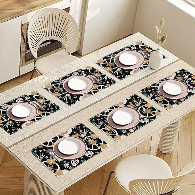Hippie Peace Skeleton Floral Placemats Set of 6, Washable Heat Resistant Table Mat Linen Place Mats for Party Kitchen Dining Home Decor 12x18 Inch