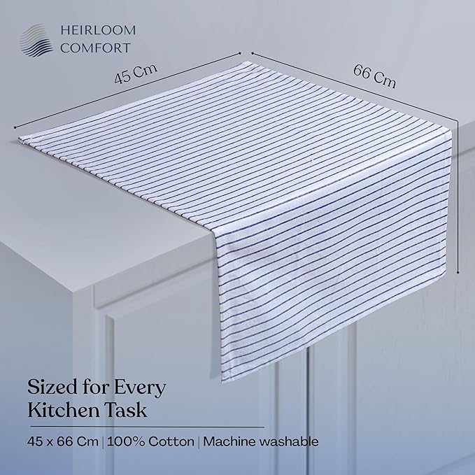 Indigo Blue Stripe Kitchen Towels, 12 Pack, 100% Cotton, Super Absorbent and Quick Dry, Classic Striped Towel Set, Durable Dish Cloths for Kitchen Use, Cleaning & Drying Dishes
