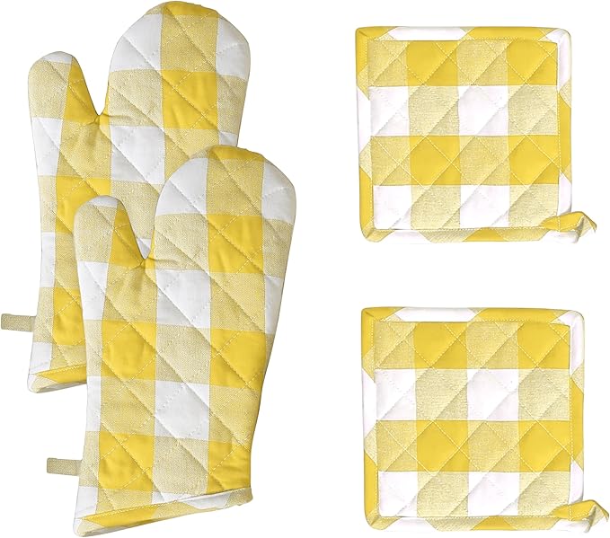 Native Fab Buffalo Plaid Check Oven Mitts and Pot Holders Set of 4, 100% Cotton Heat Resistant Kitchen Gloves, 2 Oven Mitts (7x13), 2 Pot Holders (8x8) for Cooking & Baking, Lemon Yellow White