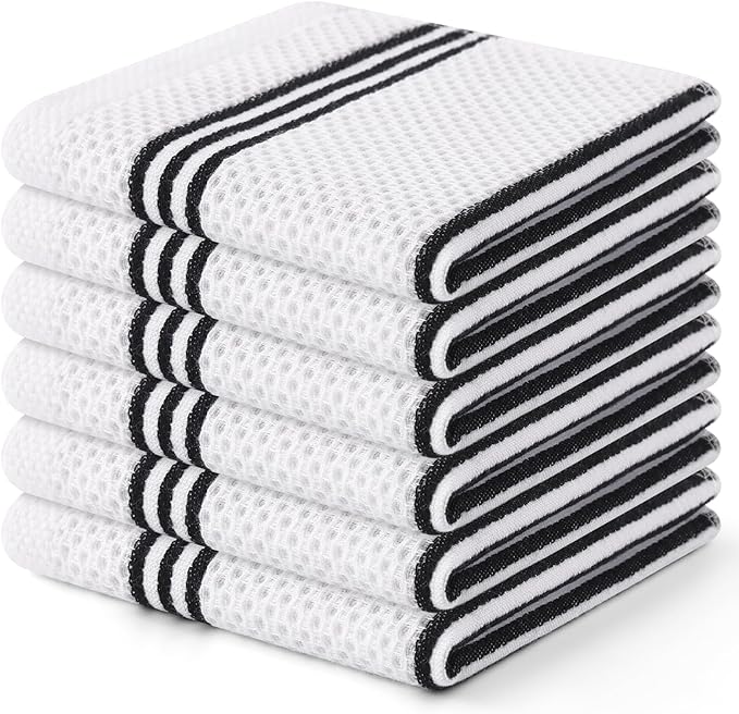 Mordimy 100% Cotton Waffle Weave Dish Cloths, 12 x 12 Inches, Super Soft and Absorbent Quick Drying Dish Rags for Kitchen, 6-Pack, White & Black Stripe